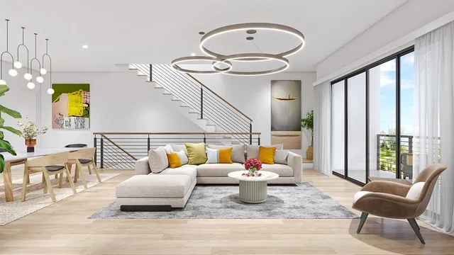 a living room with furniture and a chandelier