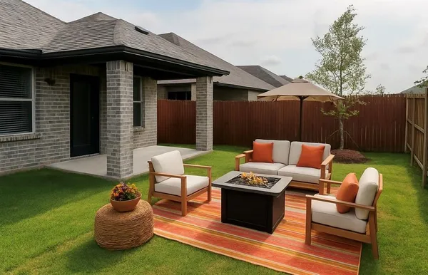 a view of a patio with couches table and chairs under an umbrella