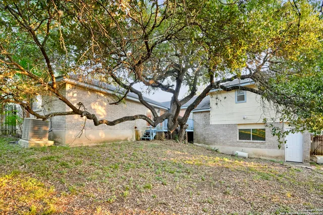 a backyard of a house with large trees