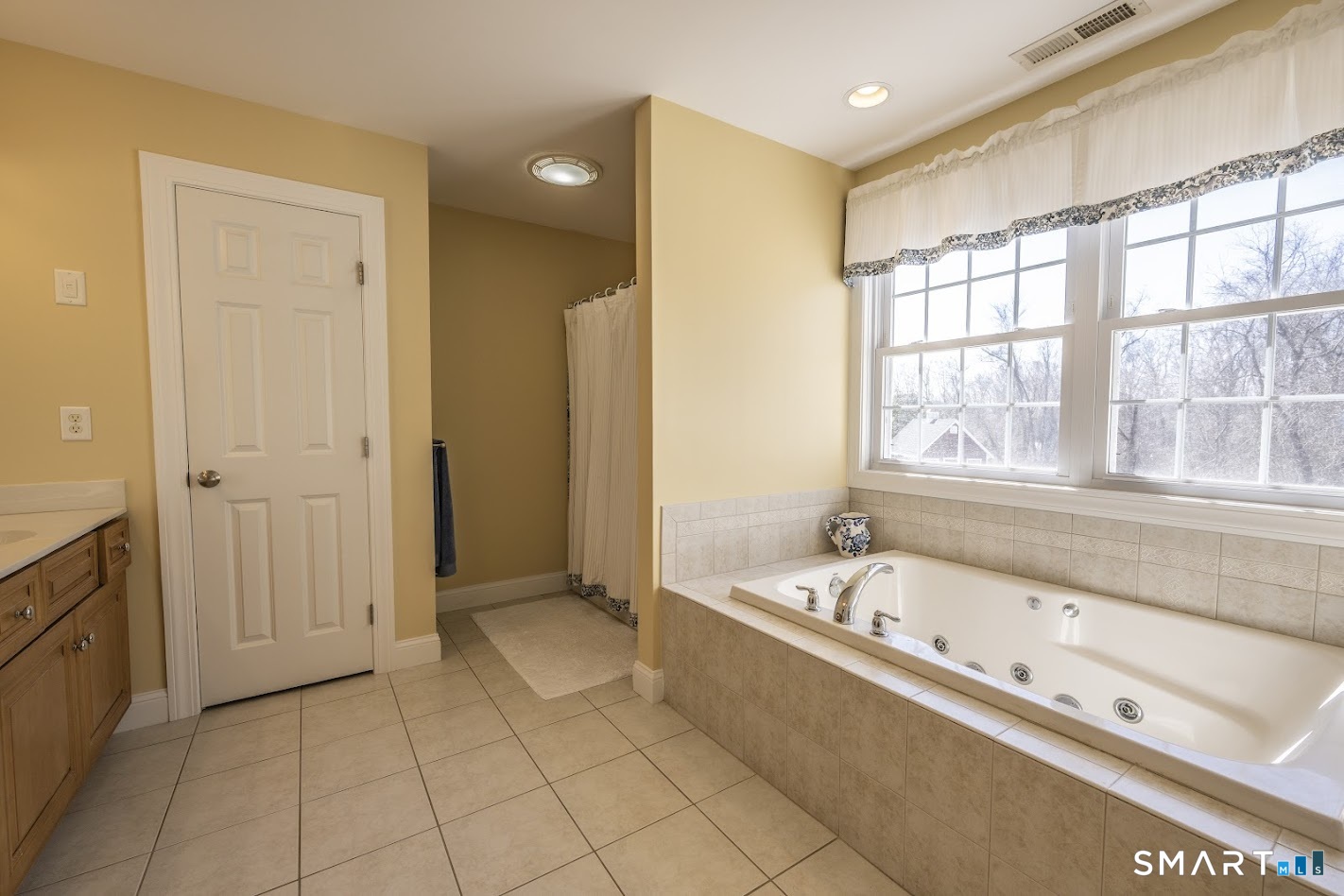 22 R Olde Yankee Way Durham, CT 06422 - Photo 18 of 29 Spacious primary bath featuring jetted soaking tub, tile flooring, and large window for natural light.