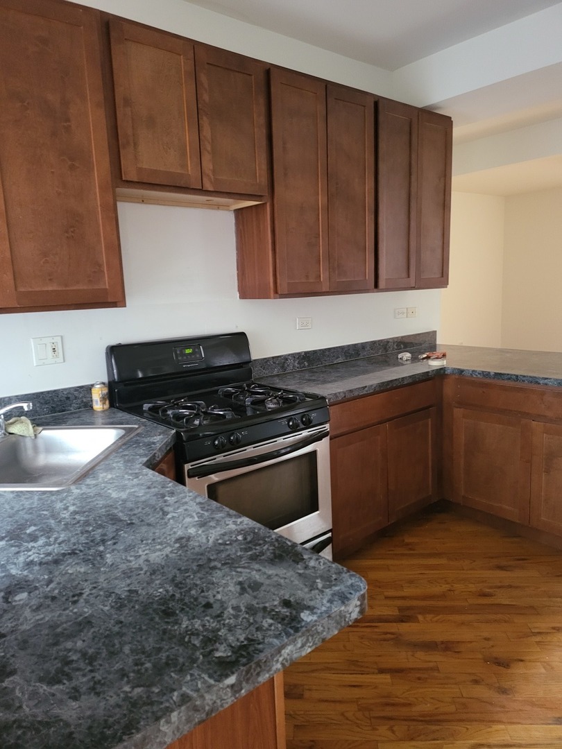820 East 44th Street, Unit 2 Chicago, IL 60653 - Photo 5 of 12 a kitchen with granite countertop a sink a stove and cabinets