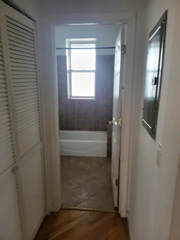 a bathroom with a bathtub