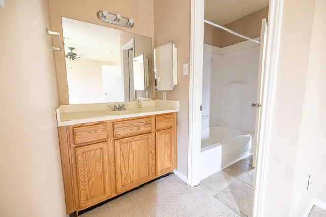 a bathroom with a sink a mirror and a bathtub