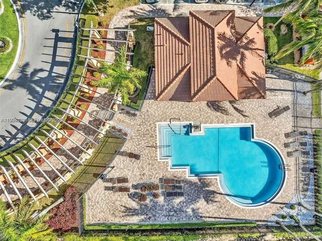 a view of a swimming pool with a lawn chairs under palm trees