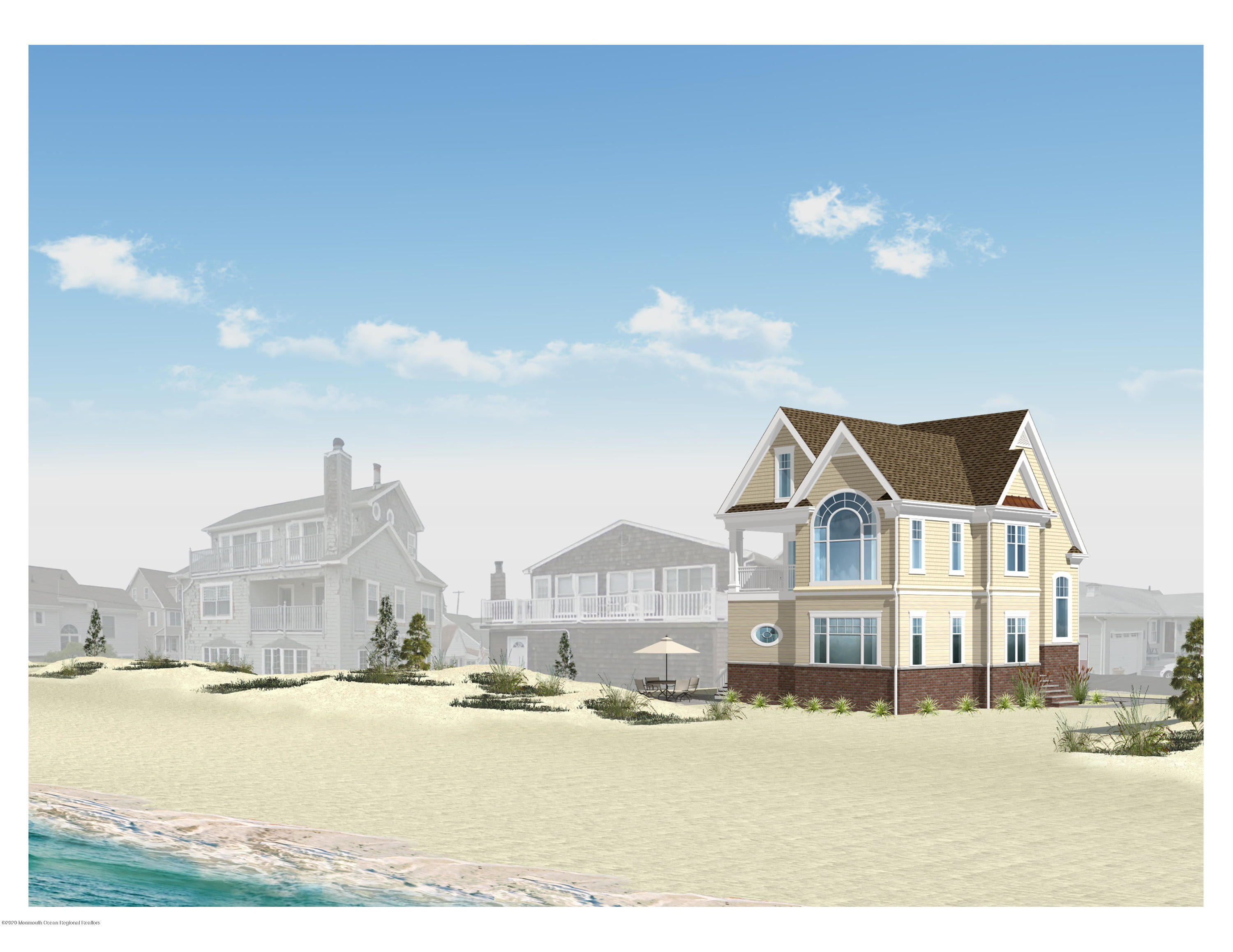 a front view of a house with yard and ocean view