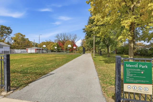 a view of a park with large trees