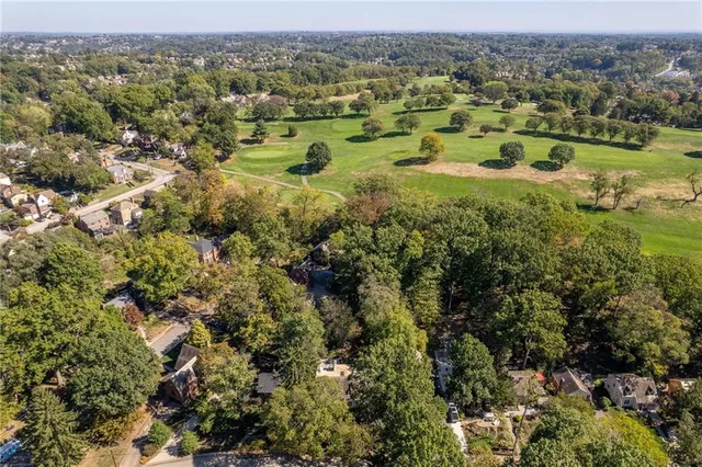 an aerial view of residential houses with outdoor space and trees