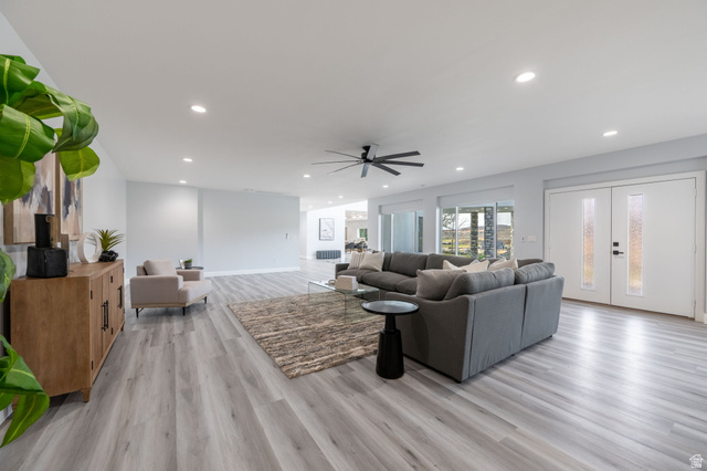 476 Spring Drive Toquerville, UT 84774 - Photo 25 of 95 Living room with light wood-type flooring, french doors, recessed lighting, and ceiling fan