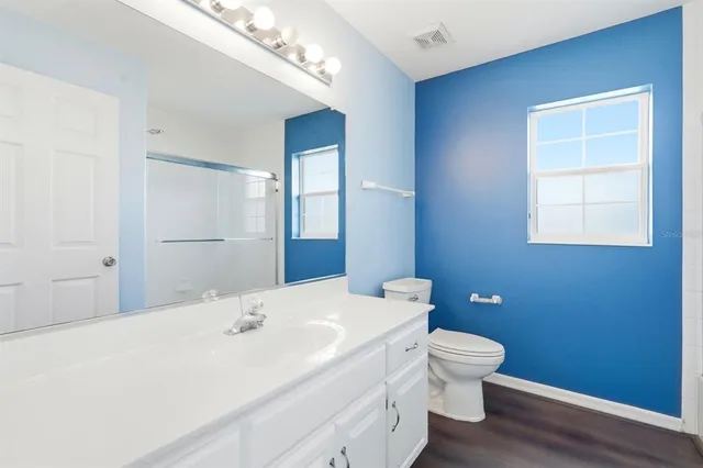 a bathroom with a sink a toilet and a mirror