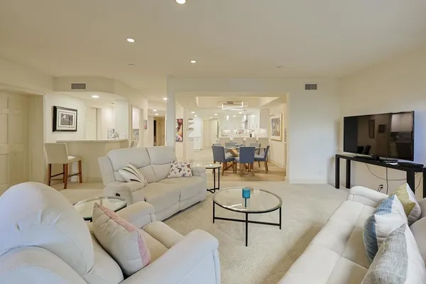 a view of a dining room with furniture