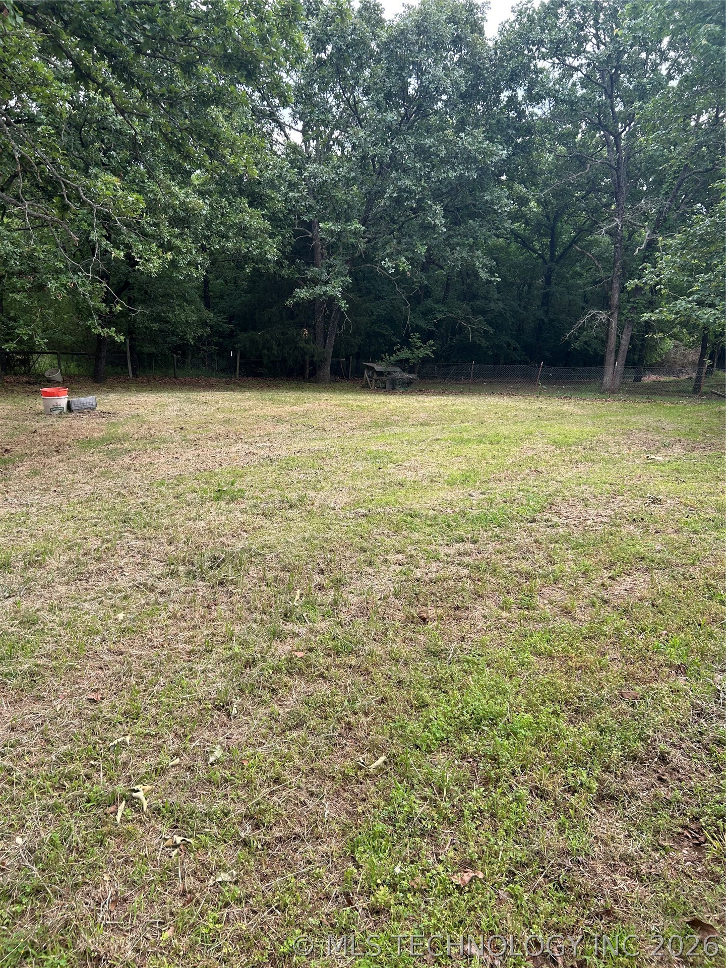 Expansive yard space with mature tree backdrop and perimeter fencing