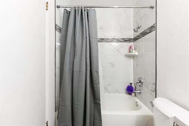 a bathroom with a bathtub and a shower