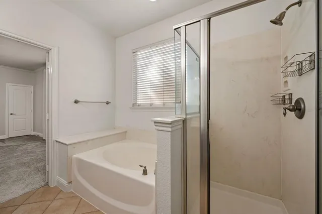 a bathroom with a bathtub and shower