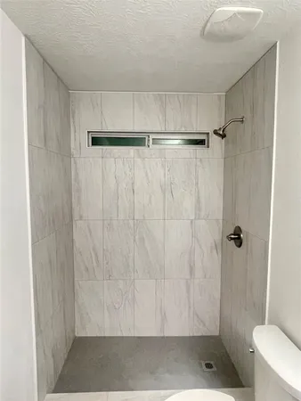 a bathroom with a shower and a toilet