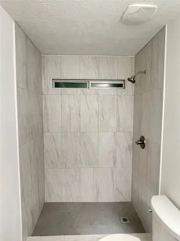 a bathroom with a shower and a toilet