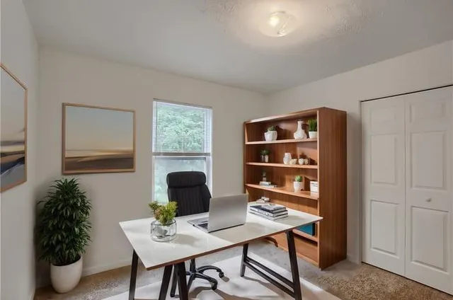 a view of a workspace with furniture and a potted plant