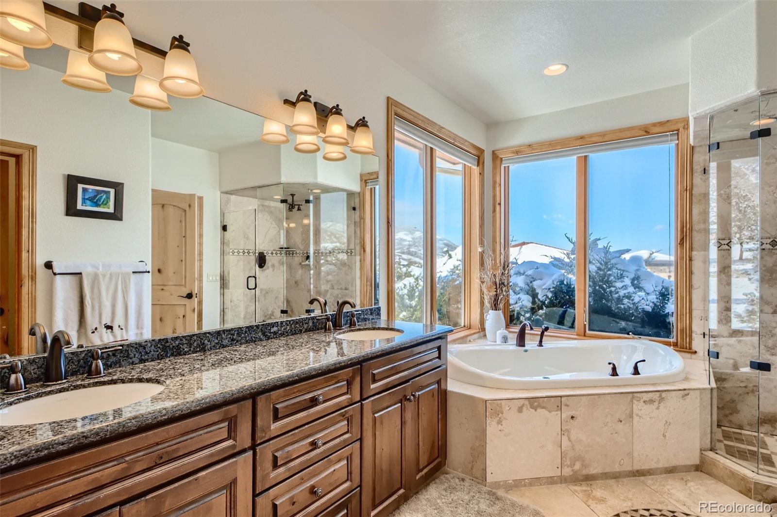 11227 Explorers Run Littleton, CO 80125 - Photo 18 of 33 a spacious bathroom with a granite countertop sink a large mirror and a bathtub with shower