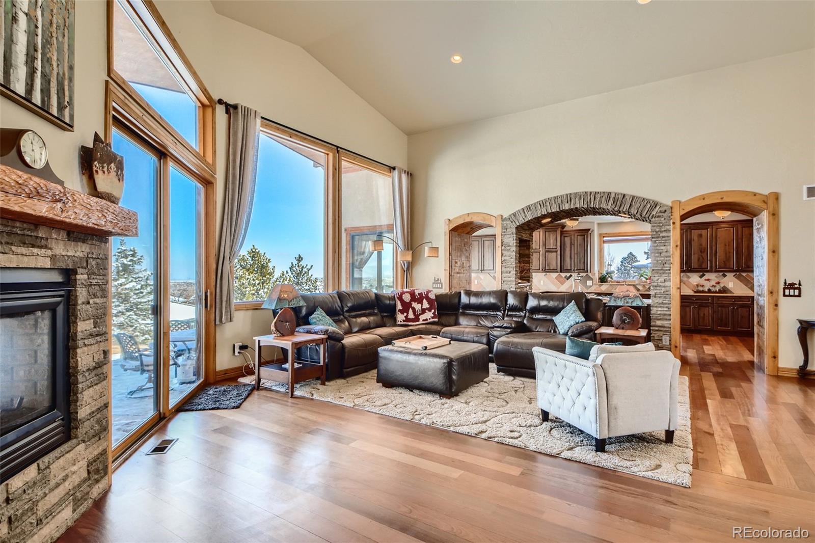 11227 Explorers Run Littleton, CO 80125 - Photo 6 of 33 a living room with fireplace furniture and a floor to ceiling window