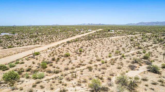an aerial view of residential houses with outdoor space and trees