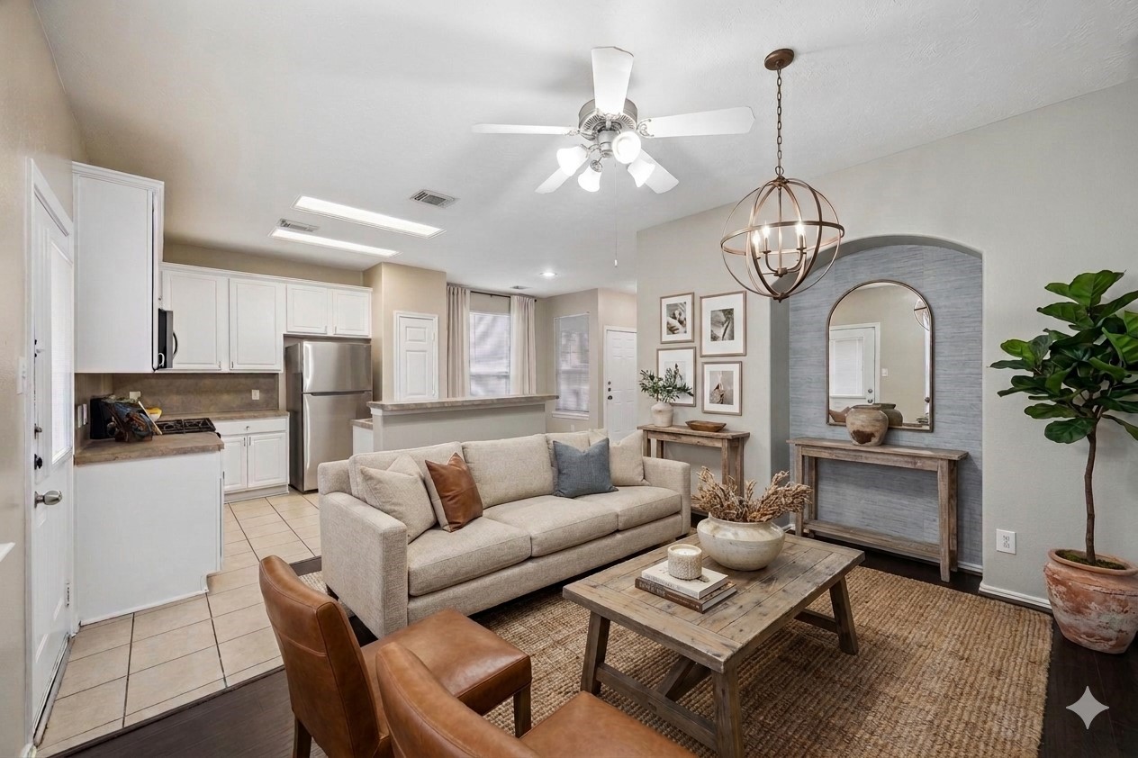 14334 Fairbuff Lane Houston, TX 77014 - Photo 4 of 15 a living room with furniture kitchen view and a chandelier