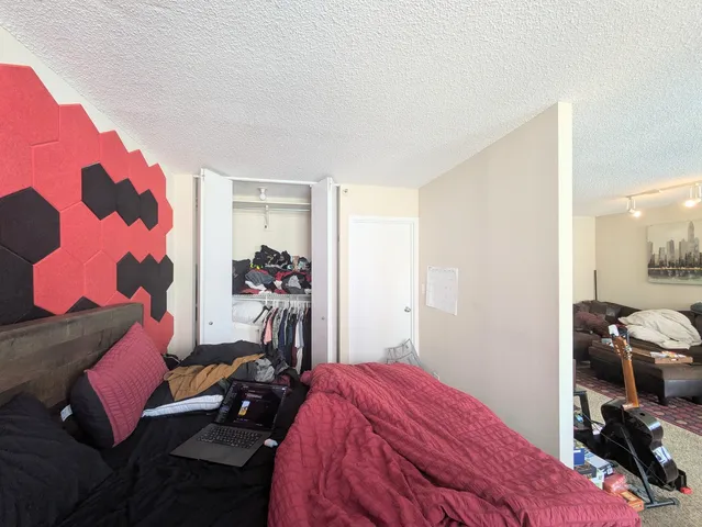 a bedroom with a bed and a closet