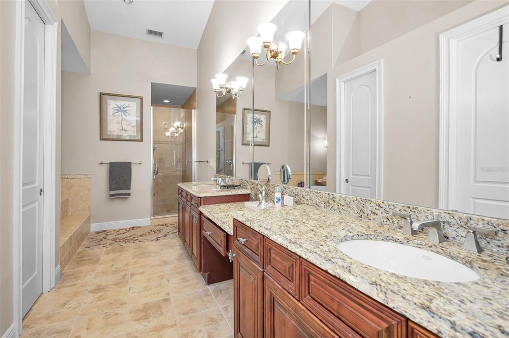47 West Morgan Street Tarpon Springs, FL 34689 - Photo 43 of 64 a spacious bathroom with a granite countertop double vanity sink a mirror and a shower