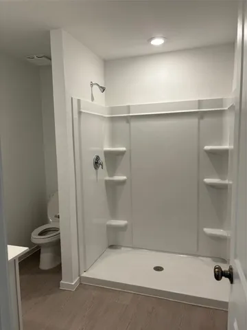 a bathroom with a shower and toilet