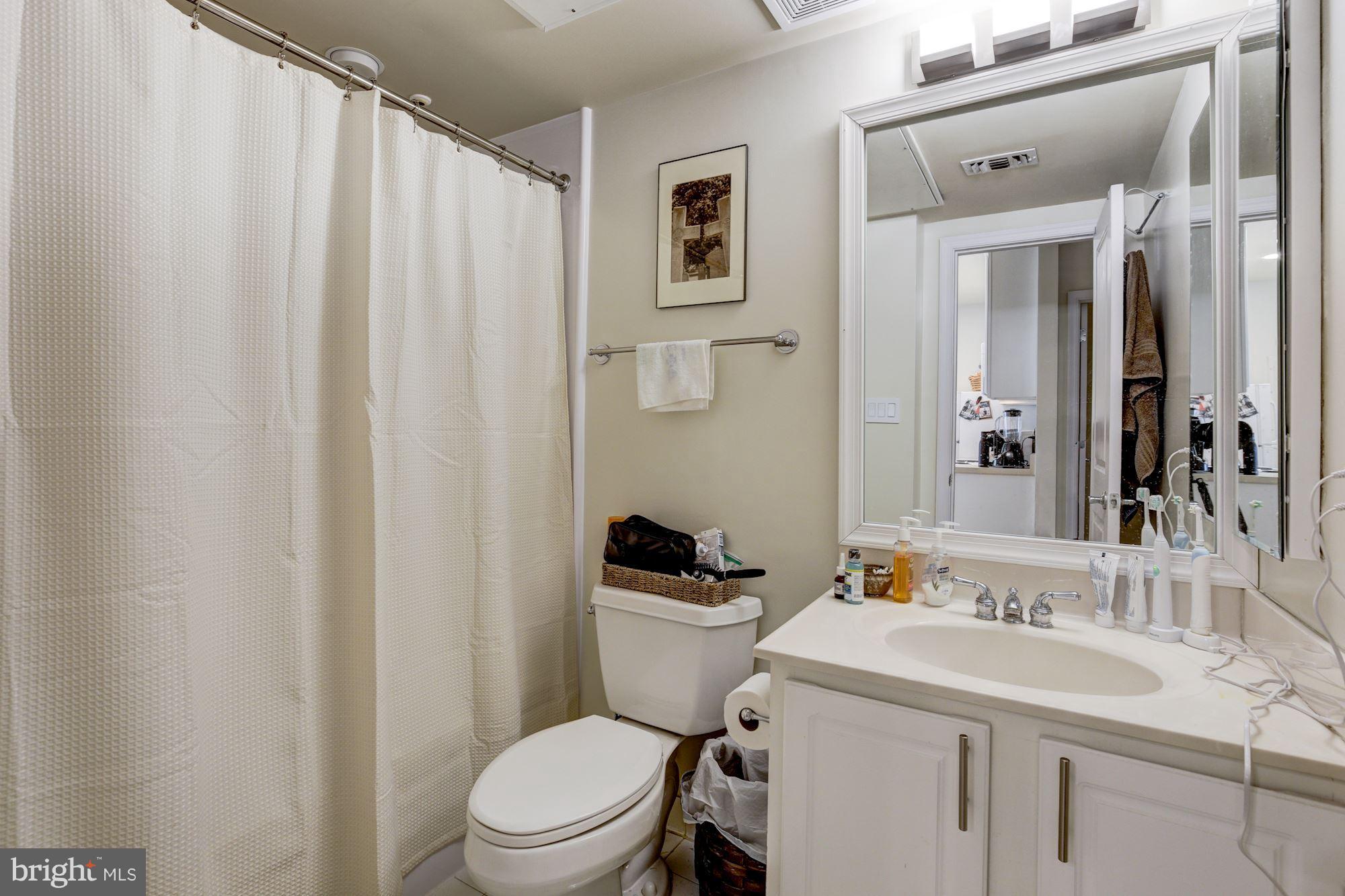 648 C Street Northeast Washington, DC 20002 - Photo 20 of 22 a bathroom with a sink a toilet a mirror and shower curtain