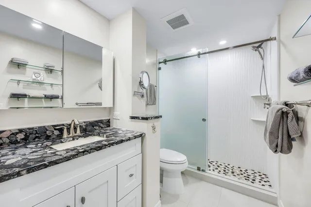 a bathroom with a granite countertop sink a toilet and shower