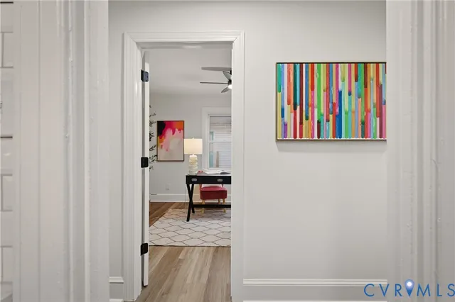 a view of a hallway with workspace