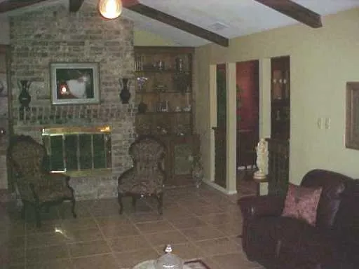 a living room with furniture a lamp and a fireplace