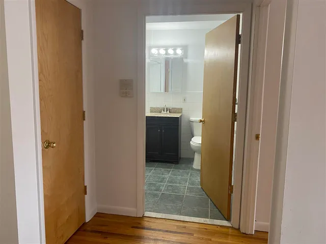a view of a bathroom with sink and wooden floor