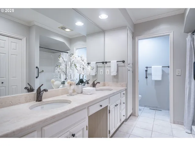 a bathroom with a double vanity sink a mirror and a shower