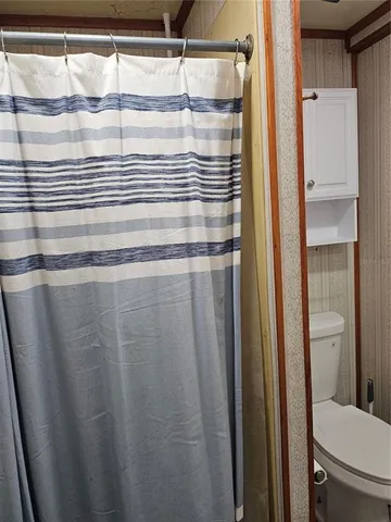 a bathroom with a shower and a toilet