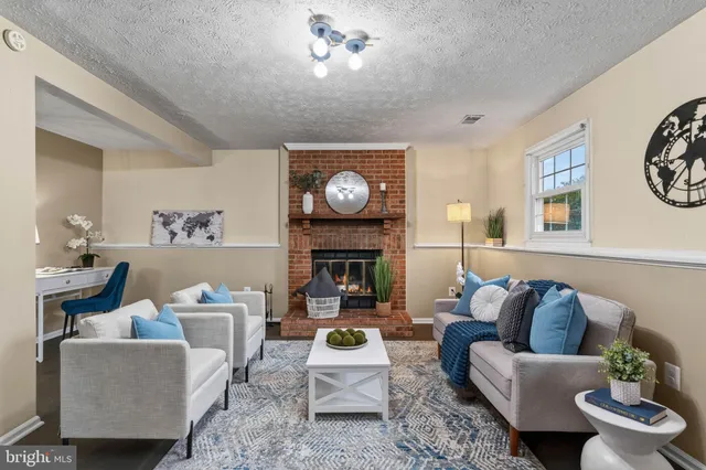 a living room with furniture a fireplace and a potted plant