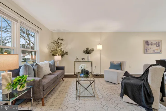 a living room with furniture potted plant and a large window