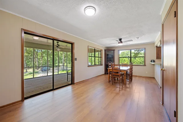 a view of a field with an trees in the background