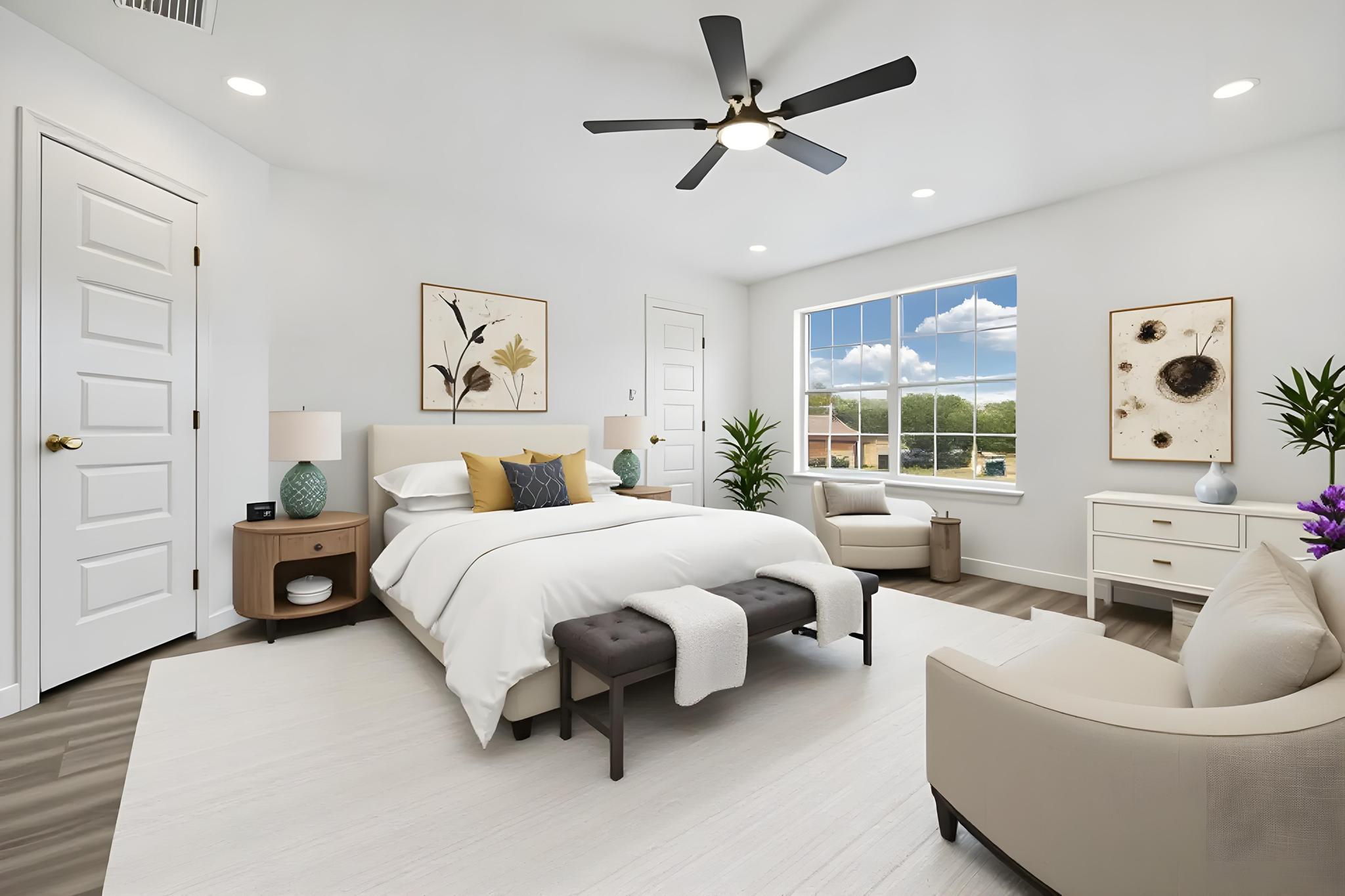 13501 Sierra Wind Lane Elgin, TX 78621 - Photo 15 of 19 Spacious room featuring wood-finish flooring, a large window with white trim, a ceiling fan with integrated lighting, recessed lighting, and white paneled doors