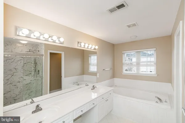 a bathroom with a sink double vanity and a mirror