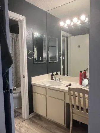 a bathroom with a sink a vanity and a mirror