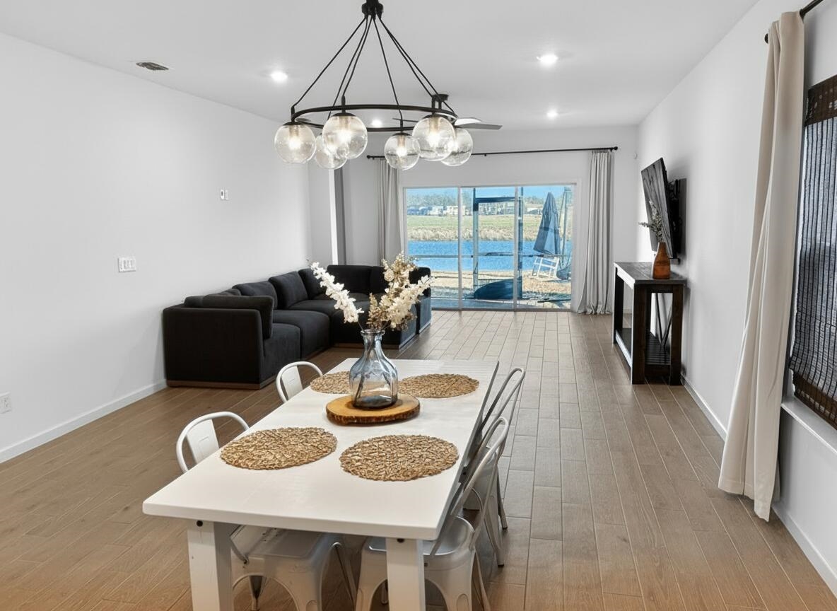a view of a dining room with furniture window and outside view