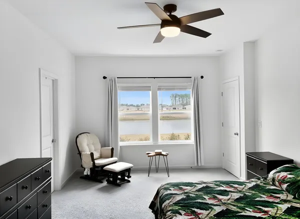 a bedroom with furniture and a window