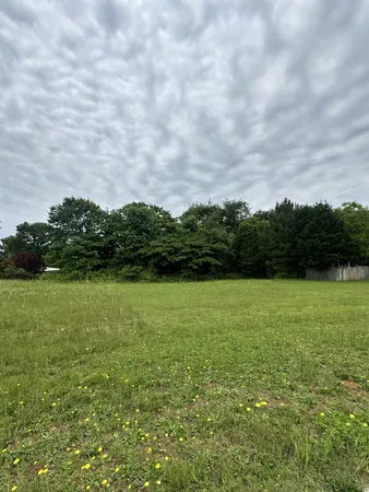 a view of a field with an trees in the background