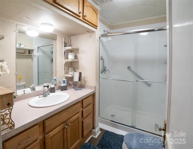 a bathroom with a shower sink vanity and mirror