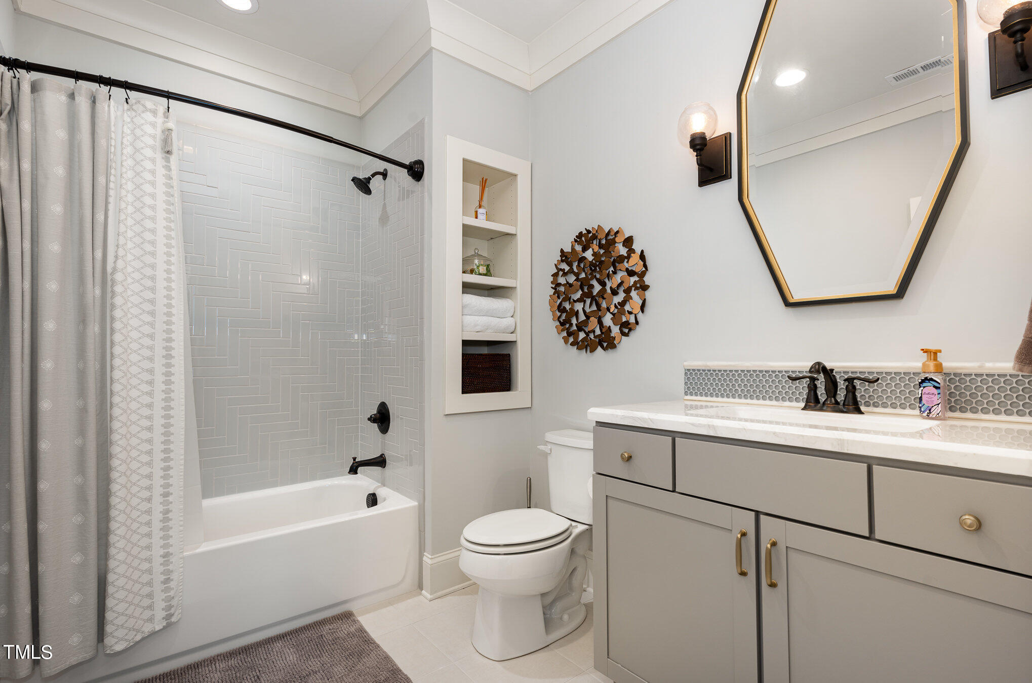 1505 Sweetwater Lane Raleigh, NC 27610 - Photo 41 of 54 Bathroom off Bedroom #4 w/Tile Shower/Bath, Tile Flooring and Beautiful Vanity