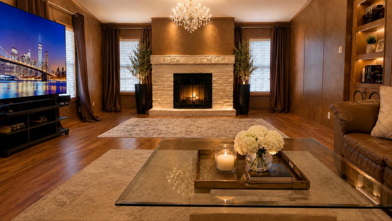 438 Kellar Road Smithville, TX 78957 - Photo 14 of 30 A spacious living room features a majestic stone fireplace, rich hardwood floors, and a dazzling chandelier.