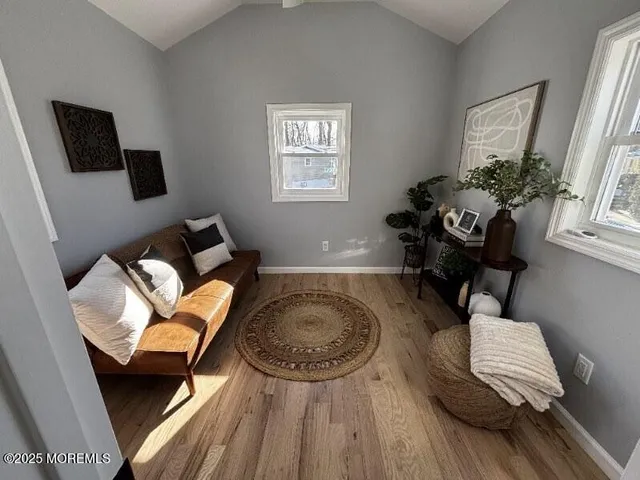 a living room with furniture flowerpot and wooden floor