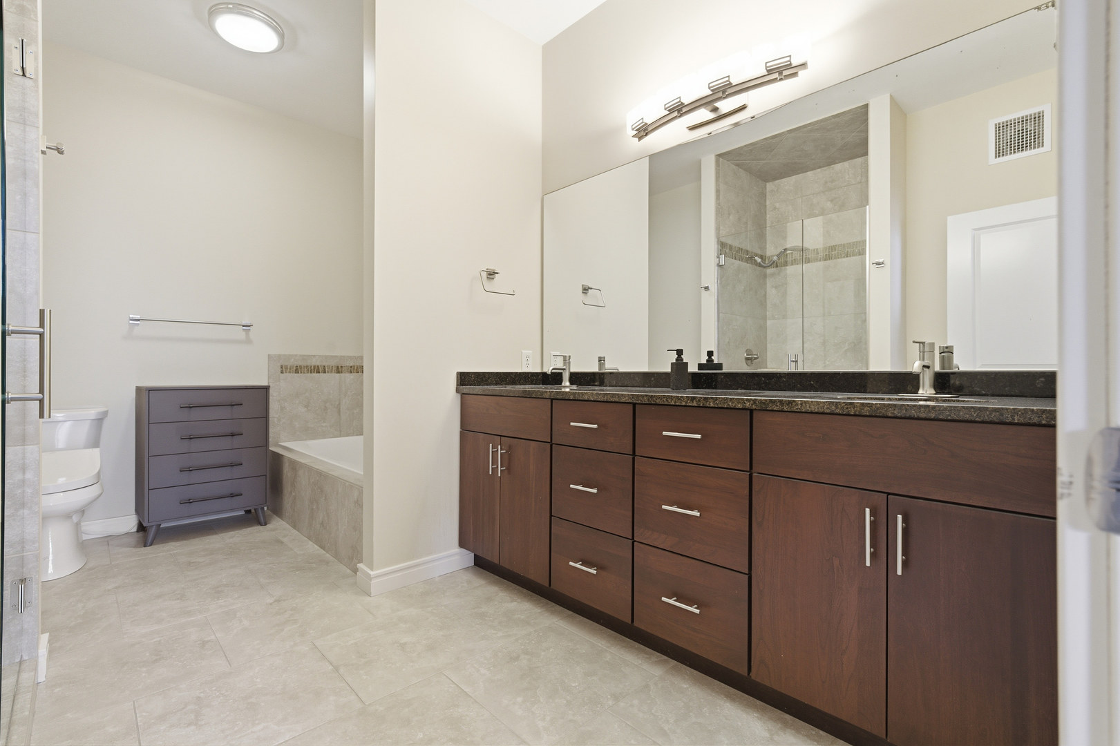 212 North Center Street, Unit 301 Bloomington, IL 61701 - Photo 27 of 39 a bathroom with a granite countertop sink a mirror and a toilet