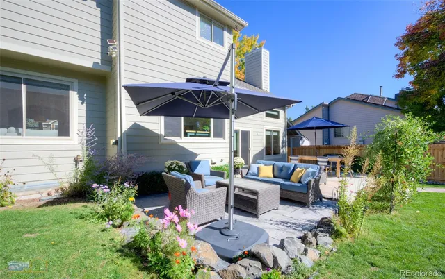 front view of a house with a patio