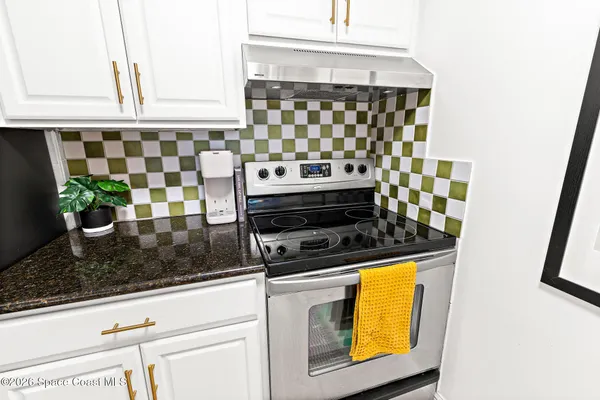 a kitchen with a stove and a potted plant